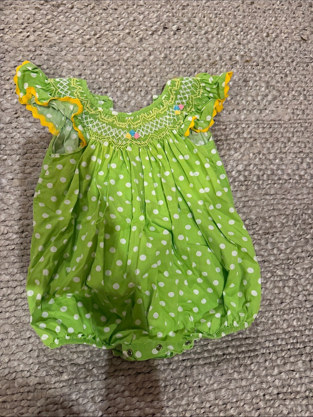 Green Polka Dot Baby Bubble Romper with Smocked Yoke